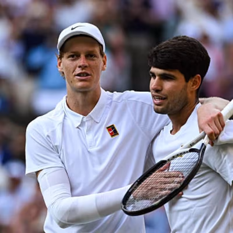 Carlos Alcaraz and Jannik Sinner after the Wimbledon 2025 final. Photo: Getty