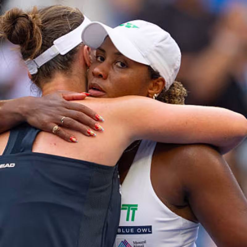 Taylor Townsend and Barbora Krejcikova greet each other at the net. Source: Getty