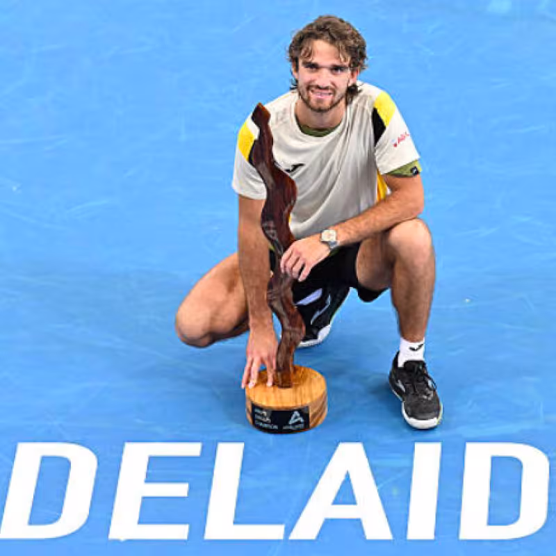 Tomas Machac poses with the Adelaide trophy. Source: Getty