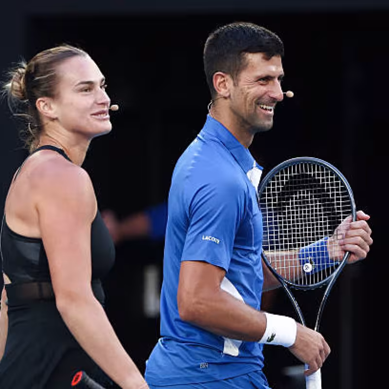 Djokovic's reaction upon reuniting with Sabalenka after her wedding announcement. Source: Getty
